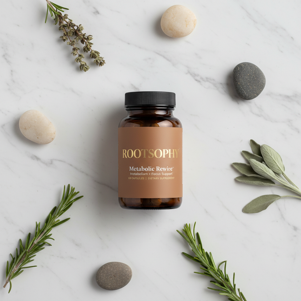 ROOTSOPHY Metabolic Rewire supplement bottle — natural GLP-1 support for appetite and cravings. 