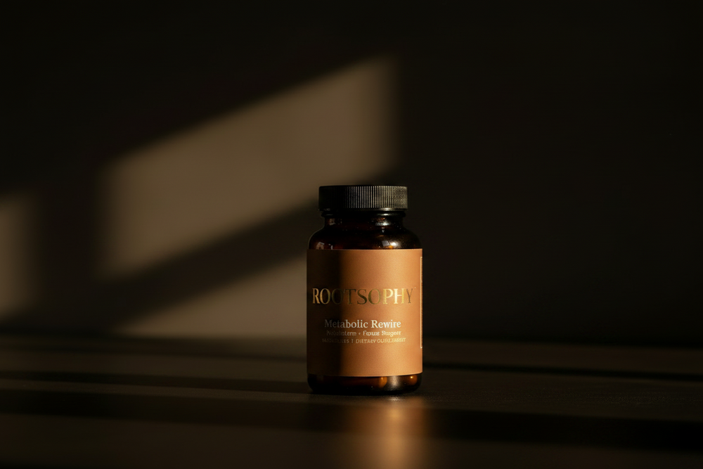 ROOTSOPHY™  Metabolic Rewire supplement bottle — natural GLP-1 support for metabolism and focus