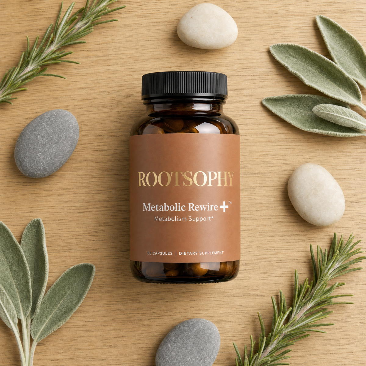 A bottle of ROOTSOPHY Metabolic Rewire+ dietary supplement capsules, styled in a flat-lay on a light wood background with sage leaves, rosemary sprigs, and smooth stones.