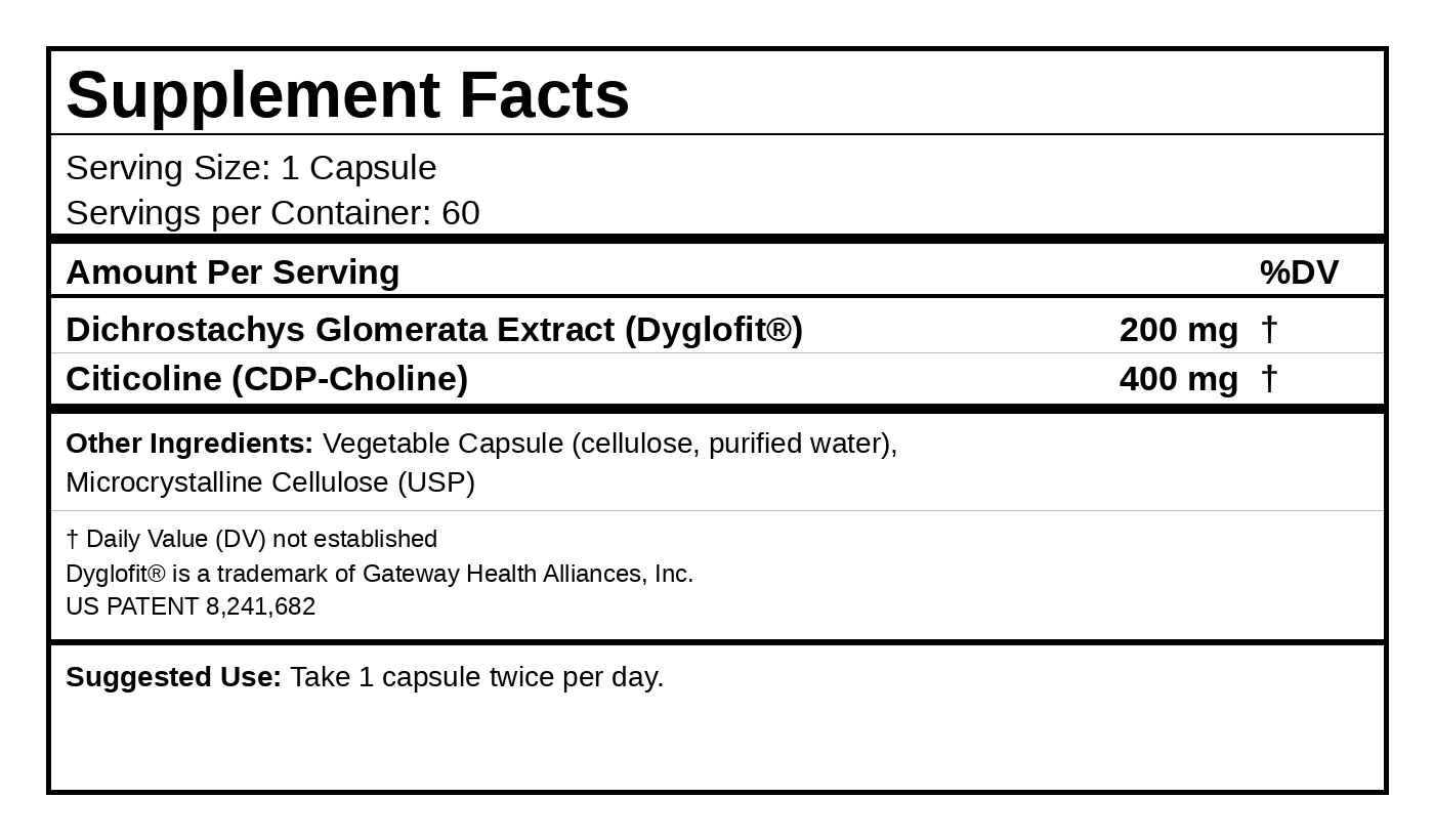 Metabolic Rewire supplement facts panel showing Dyglofit and Citicoline ingredients